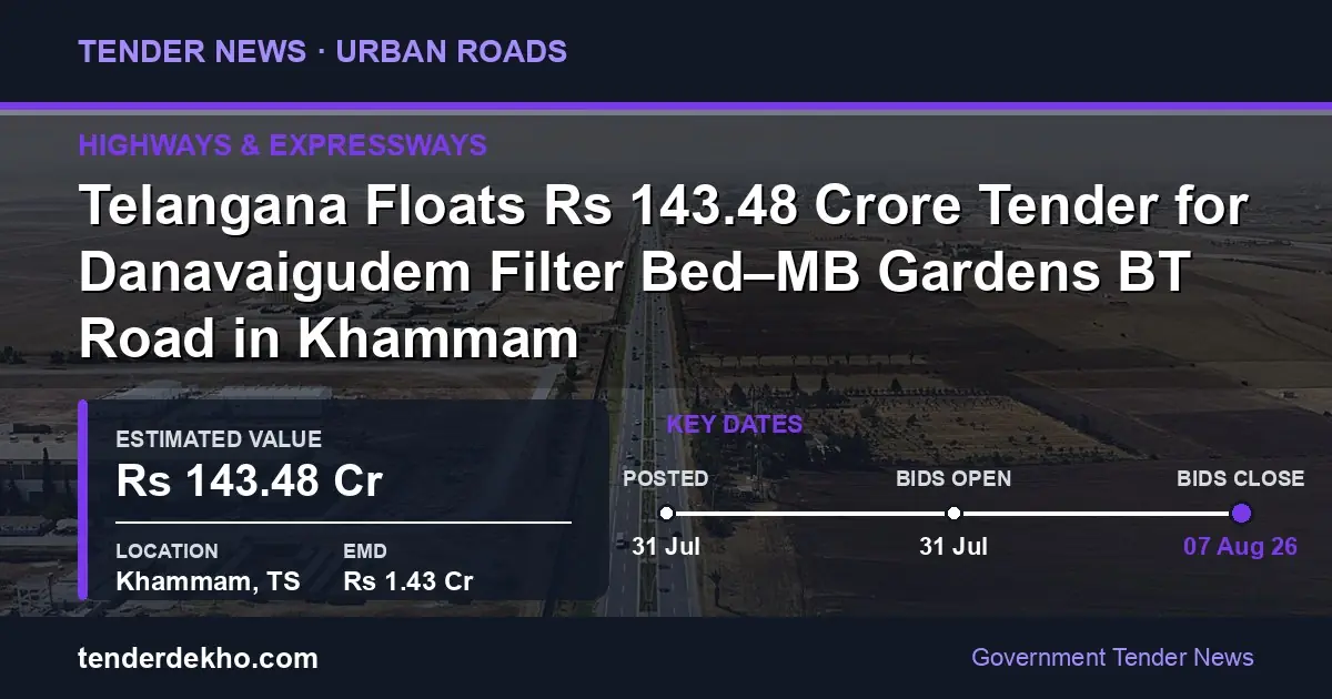 Telangana Floats ₹143.48 Crore Tender for Danavaigudem Filter Bed–MB Gardens BT Road in Khammam