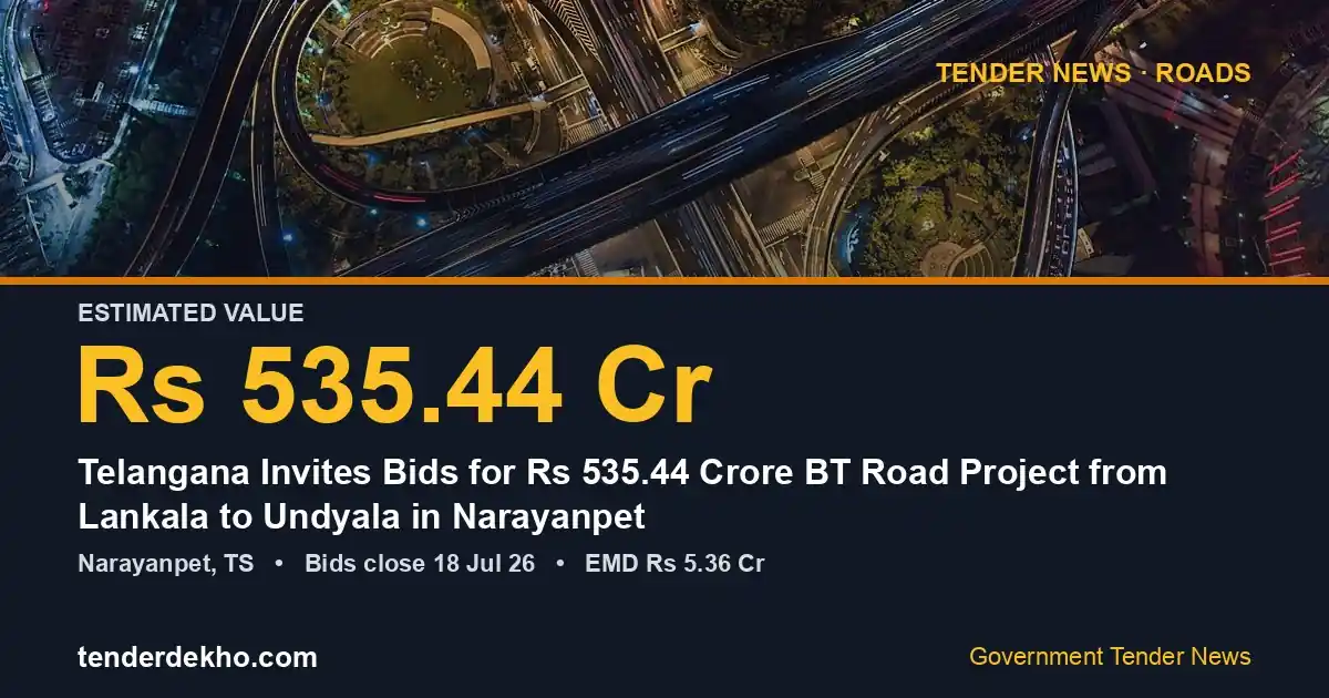 Telangana Invites Bids for ₹535.44 Crore BT Road Project from Lankala to Undyala in Narayanpet
