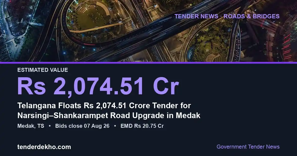 Telangana Floats ₹2,074.51 Crore Tender for Narsingi–Shankarampet Road Upgrade in Medak