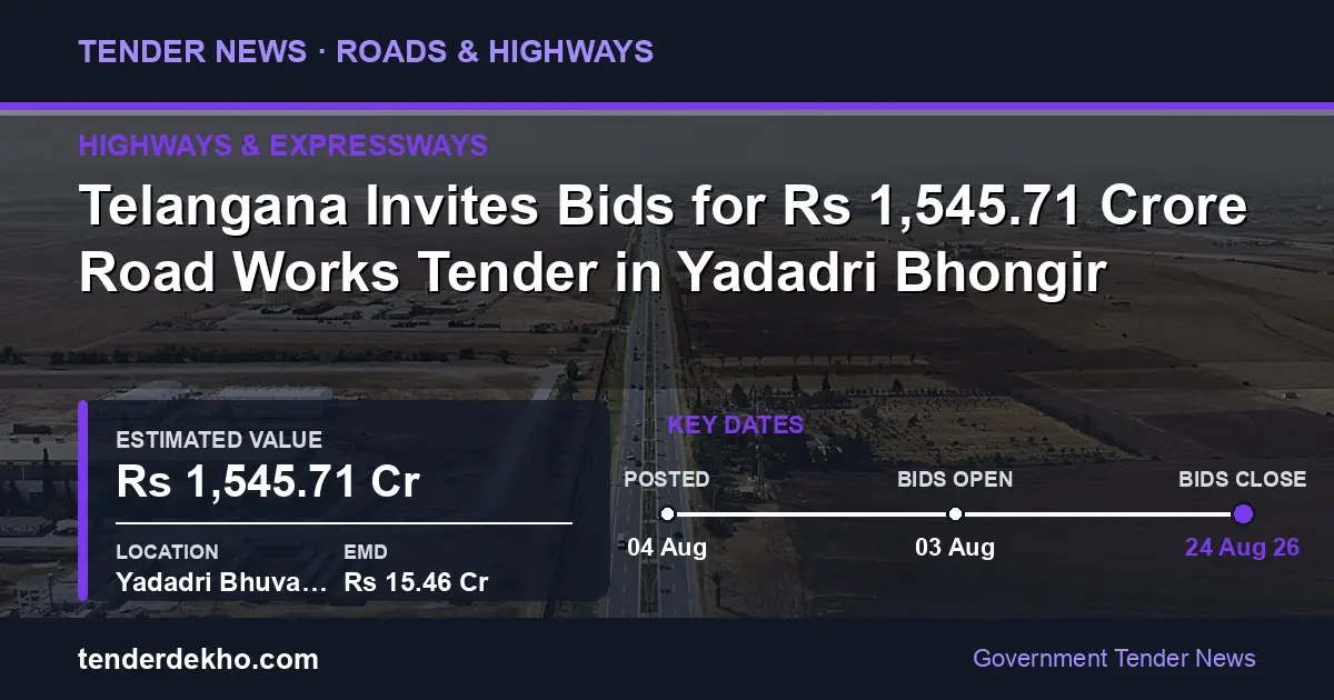 Telangana Invites Bids for ₹1,545.71 Crore Road Works Tender in Yadadri Bhongir
